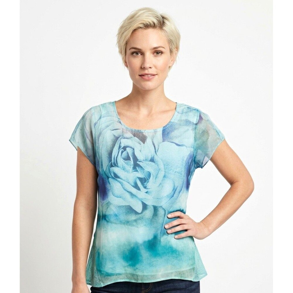 Style & Co. Womens Petite PM Top Blue Teal Floral Lace Layered cap Slv Chiffon